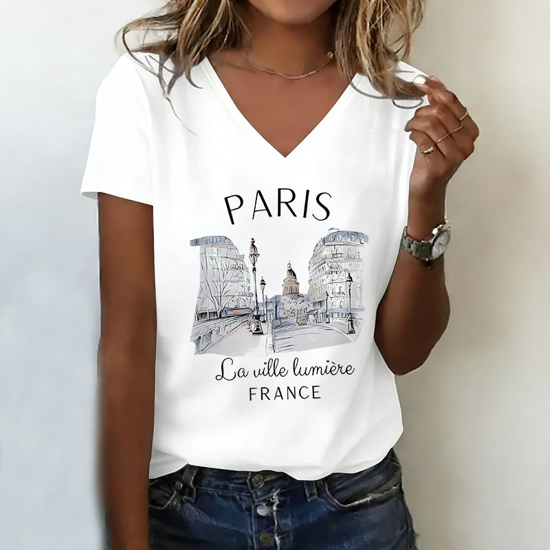 Vintage Fashion Paris - 빈티지 파리 티셔츠 V 넥 캐주얼