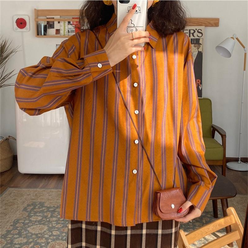 용수철 스트라이프 루즈 캐주얼 블라우스, 폴로 넥 긴팔 - Vintage Fashion Trends 리뷰 및 가격