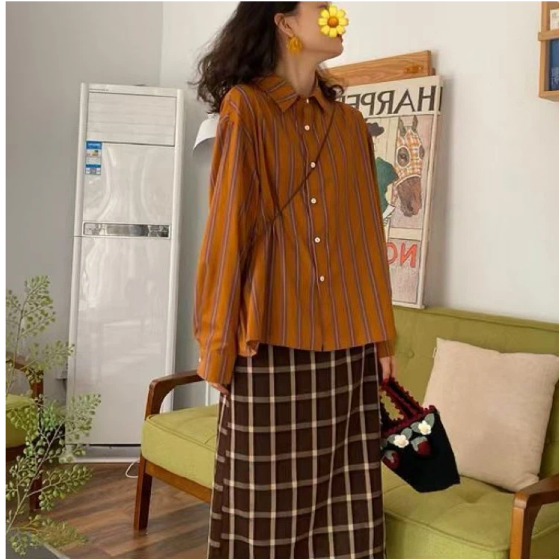 용수철 스트라이프 루즈 캐주얼 블라우스, 폴로 넥 긴팔 - Vintage Fashion Trends 리뷰 및 가격