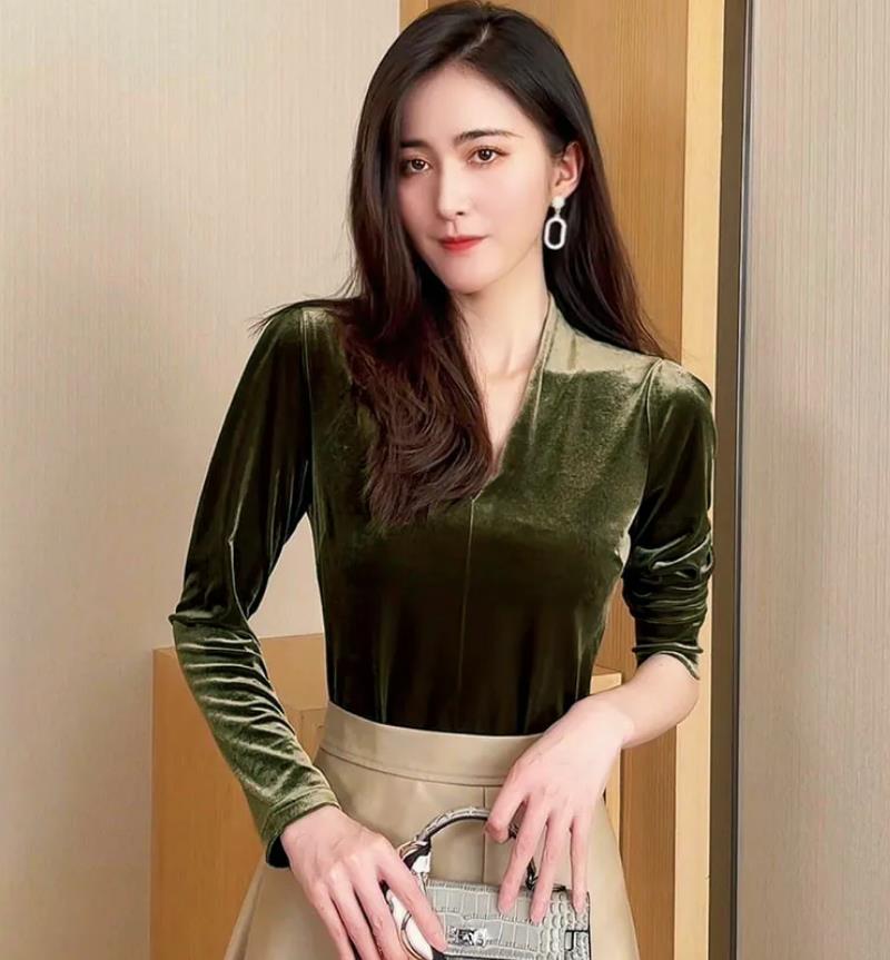 패션 우아한 브이넥 긴팔 벨루어 셔츠 한국 스트리트웨어 - V Vintage Fashion 리뷰 및 가격