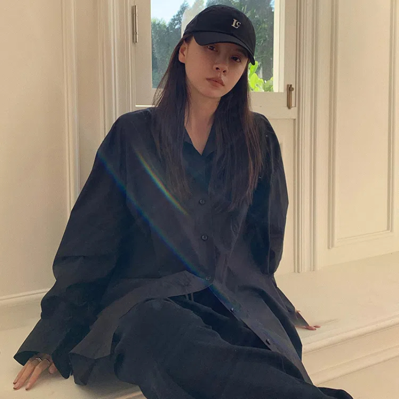 용수철 블랙 루즈 셔츠 상의, 폴로 넥, 단색 긴팔,  - Vintage Fashion Trends 리뷰 및 가격