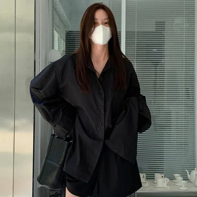 용수철 블랙 루즈 셔츠 상의, 폴로 넥, 단색 긴팔,  - Vintage Fashion Trends 리뷰 및 가격